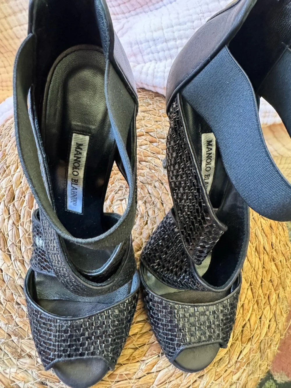 Manolo Blahnik Black Woven Leather Crisscross Peep-Toe Heels - Picture 8 of 8